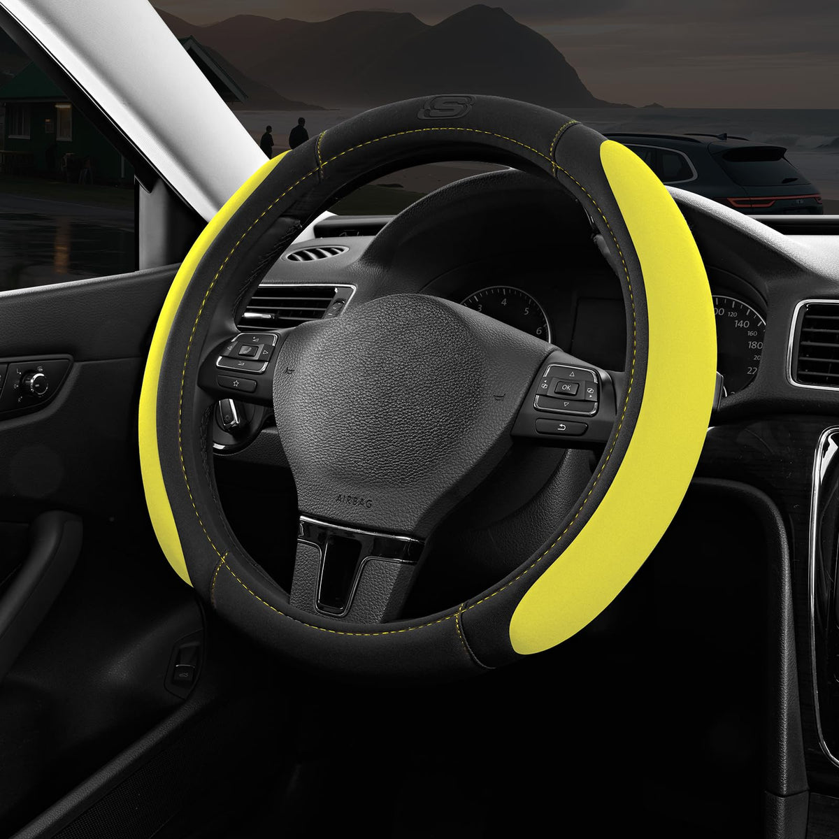 Skechers Steering Wheel Cover, Memory Foam Car Steering Wheel Cover,14.5-15inch Anti-Slip Safety Comfortable Desgin, Universal Accessory for Diverse Cars, Truck,SUV (Black & Black)