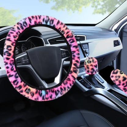 Accmor Fuzzy Car Steering Wheel Cover, Universal Fit Fur Auto Wheel Cover & Handbrake Cover & Gear Shift Cover Set, Leopard Warm Fluffy Vehicle Wheel Protector Car Accessories for Men Women (Brown)