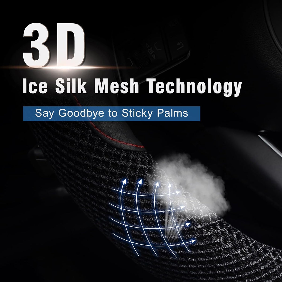 KAFEEK Steering Wheel Cover, Cooling Ice Silk Leather, 15 Inch, Black