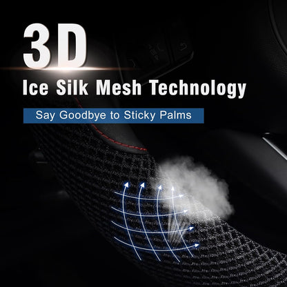 KAFEEK Steering Wheel Cover, Cooling Ice Silk Leather, 15 Inch, Black