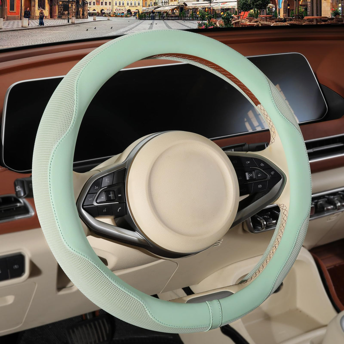 Nappa Leather Ice Silk Fabric Pink Steering Wheel Cover Women