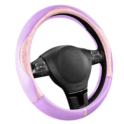 PIC AUTO Steering Wheel Cover, Green Patterned Leather Patchwork Design, Universal Fit 14.5"–15.5", Anti-Slip, Odor-Free, Soft PU Grain Leather, Durable Grip Car Accessory for Girls & Women