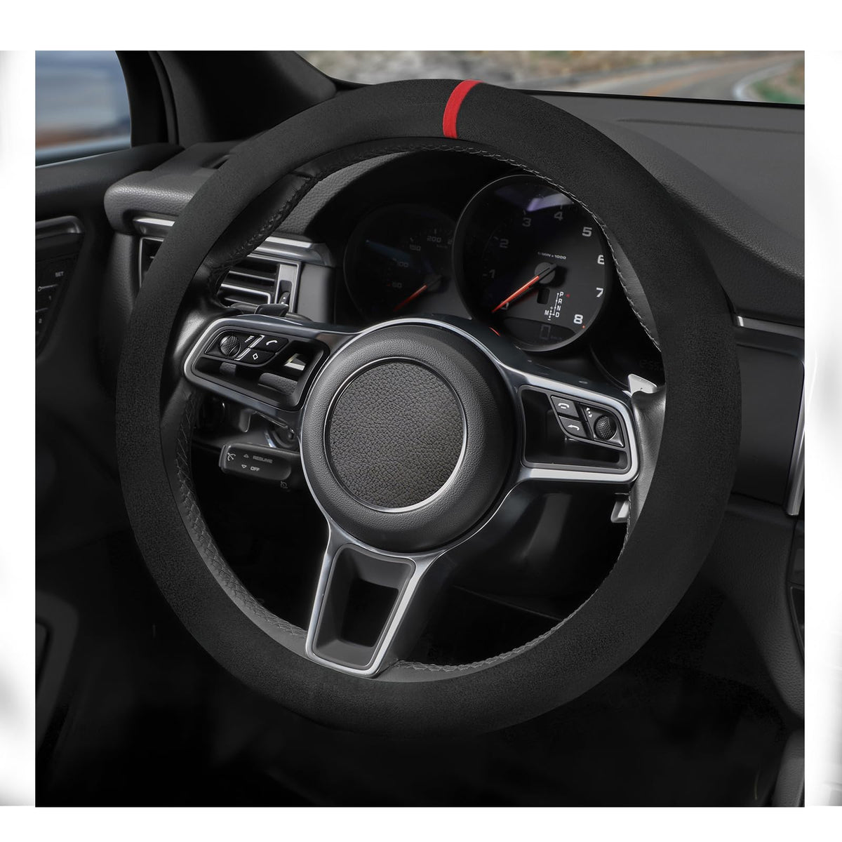 Suede Steering Wheel Cover with Upgraded Silicone Inner Ring, Breathable, Anti-Slip, Leather Universal 14.5 to 15 Inch Steering Wheel Cover (Black with Red Mark)