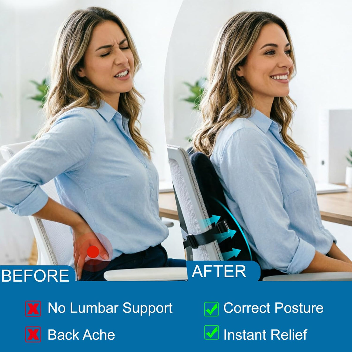Lumbar Support Pillow, Memory Foam Back Cushion for Car & Office Chair - Black
