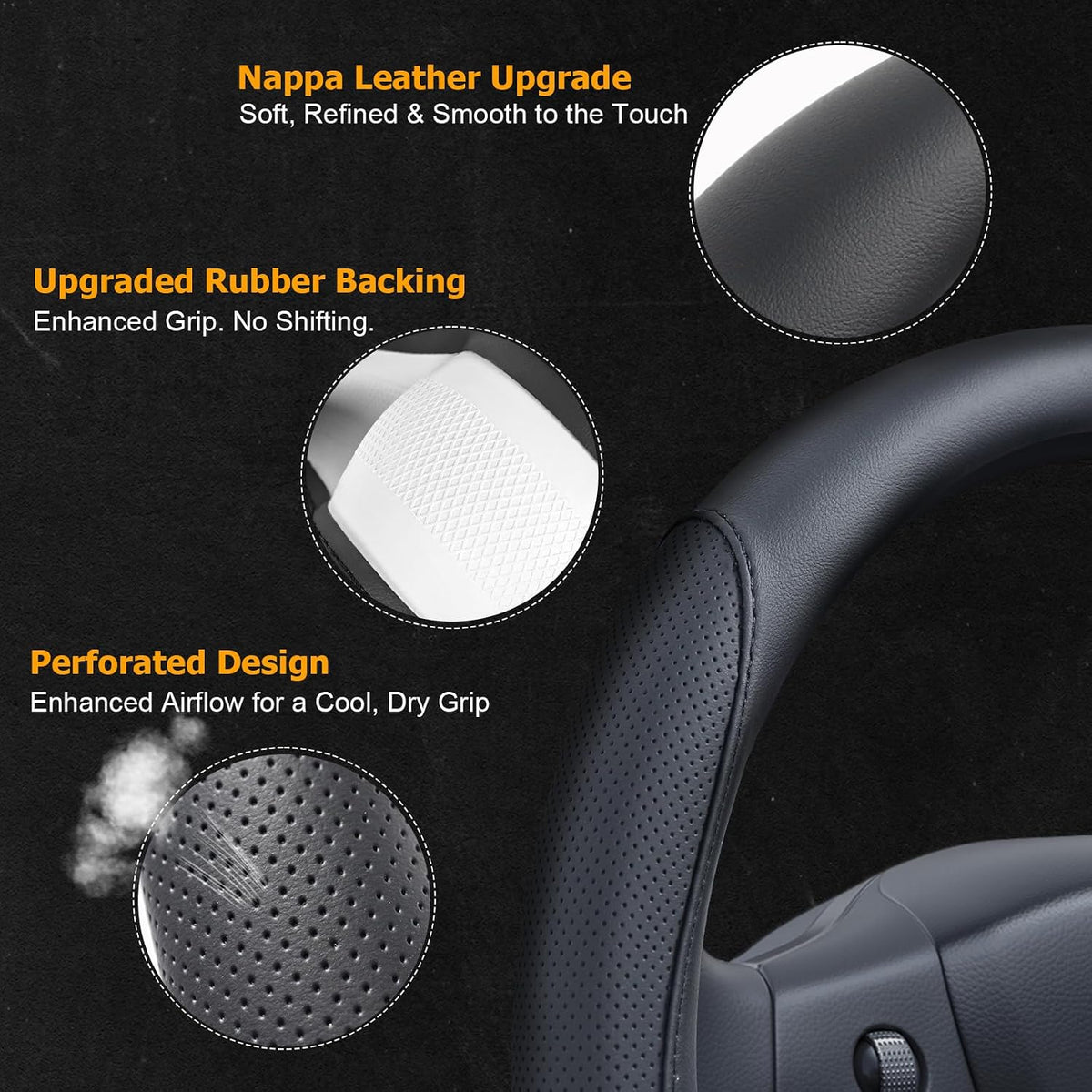 Ouzorp Nappa Leather Steering Wheel Cover for Tesla Model 3 2016-2025 Highland and Model Y 2020-2026 Juniper with Anti-Slip & Breathable Surface-Black