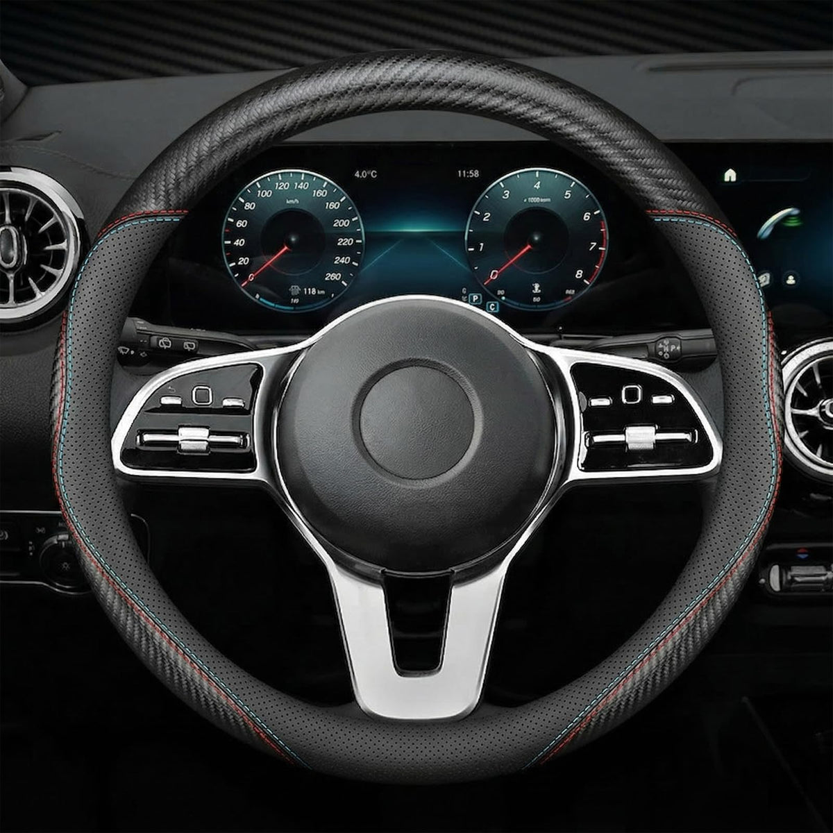 Microfiber Leather Steering Wheel Cover, Round Carbon Fiber Black Wire Trim, Leather Cover with Anti-Slip Lining, Universal 14.5"-15" Auto Accessory (Black)