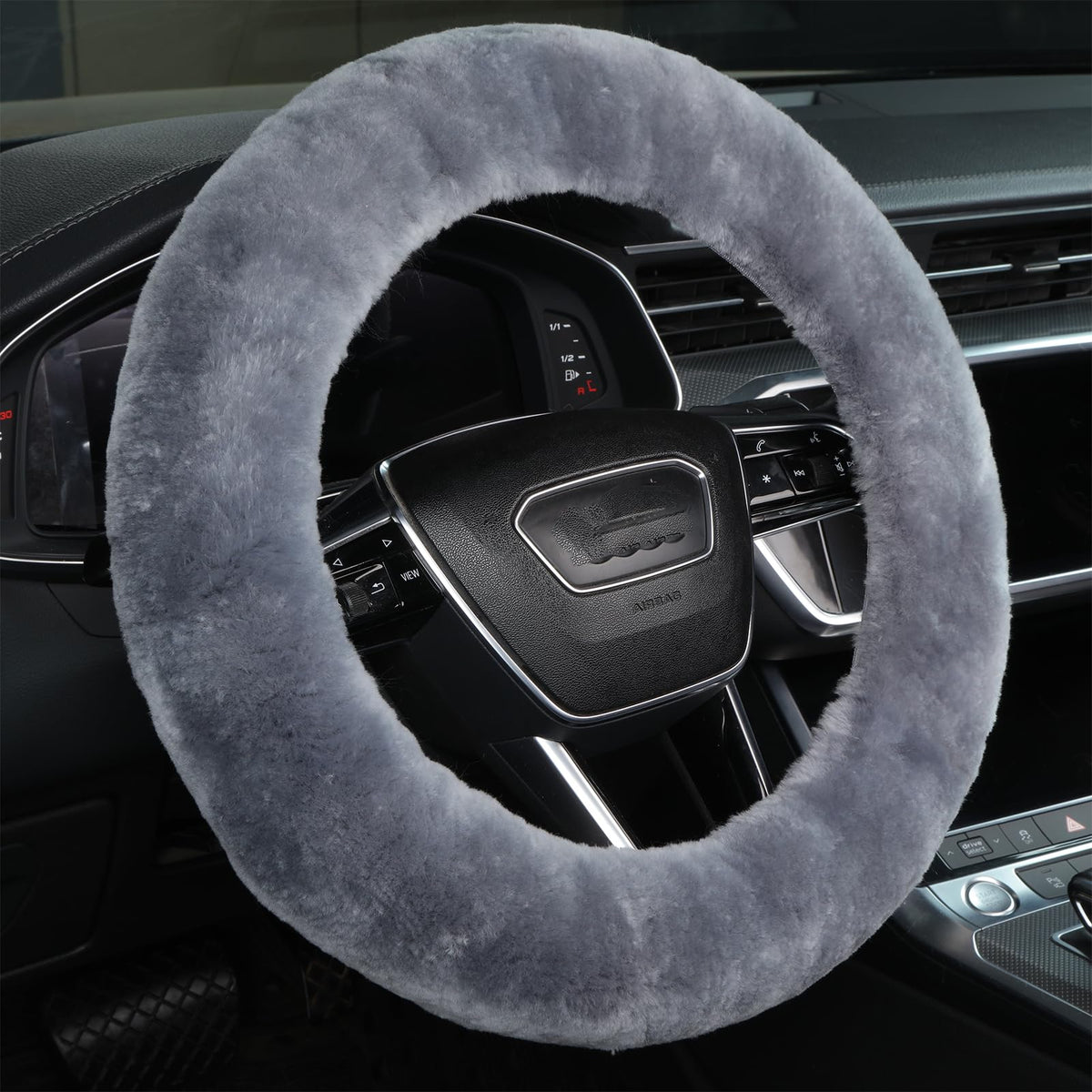 Black Fuzzy Sheepskin Car Steering Wheel Cover for Women | Soft Wool Girly