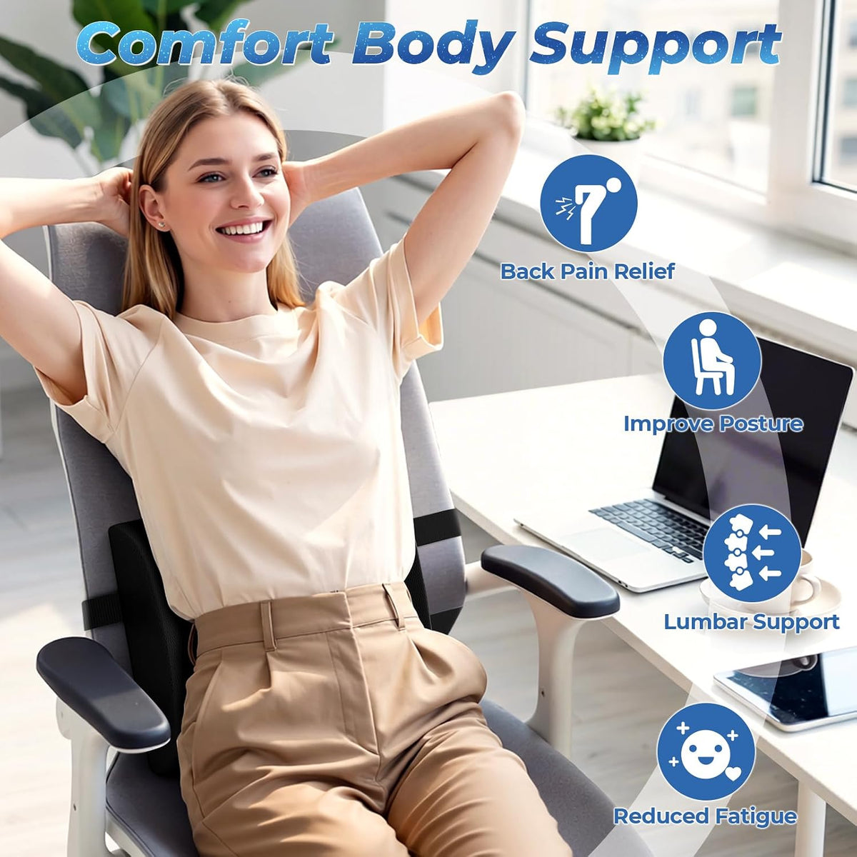 Lumbar Support Pillow, Ergonomic Back Cushion for Office Chair, Black/Large