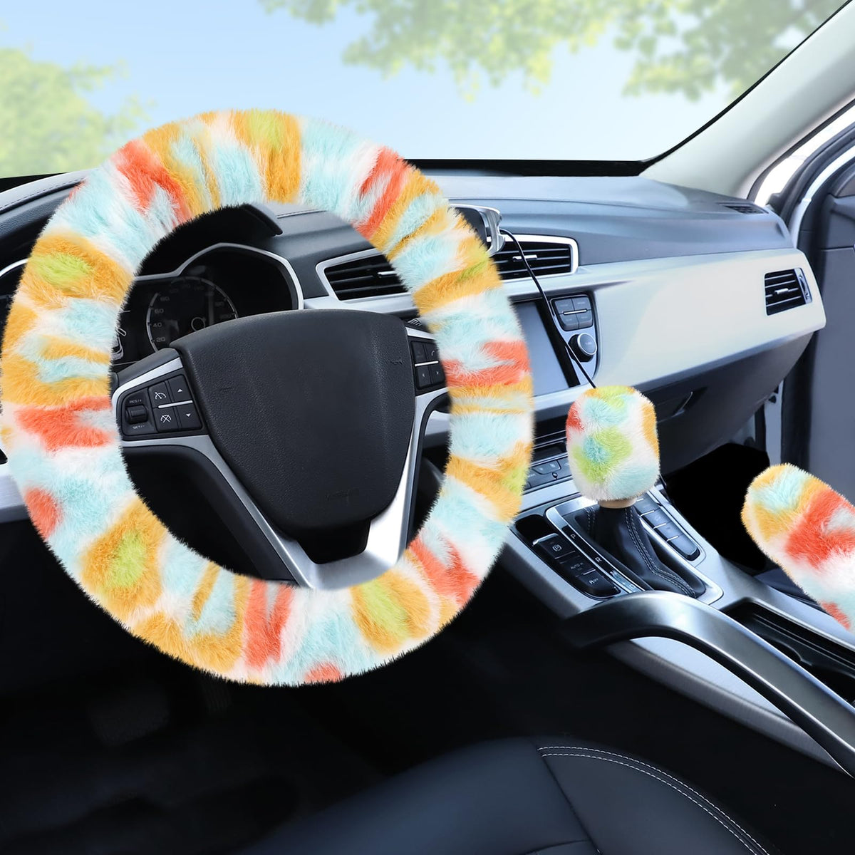 Accmor Fuzzy Car Steering Wheel Cover, Universal Fit Fur Auto Wheel Cover & Handbrake Cover & Gear Shift Cover Set, Leopard Warm Fluffy Vehicle Wheel Protector Car Accessories for Men Women (Brown)