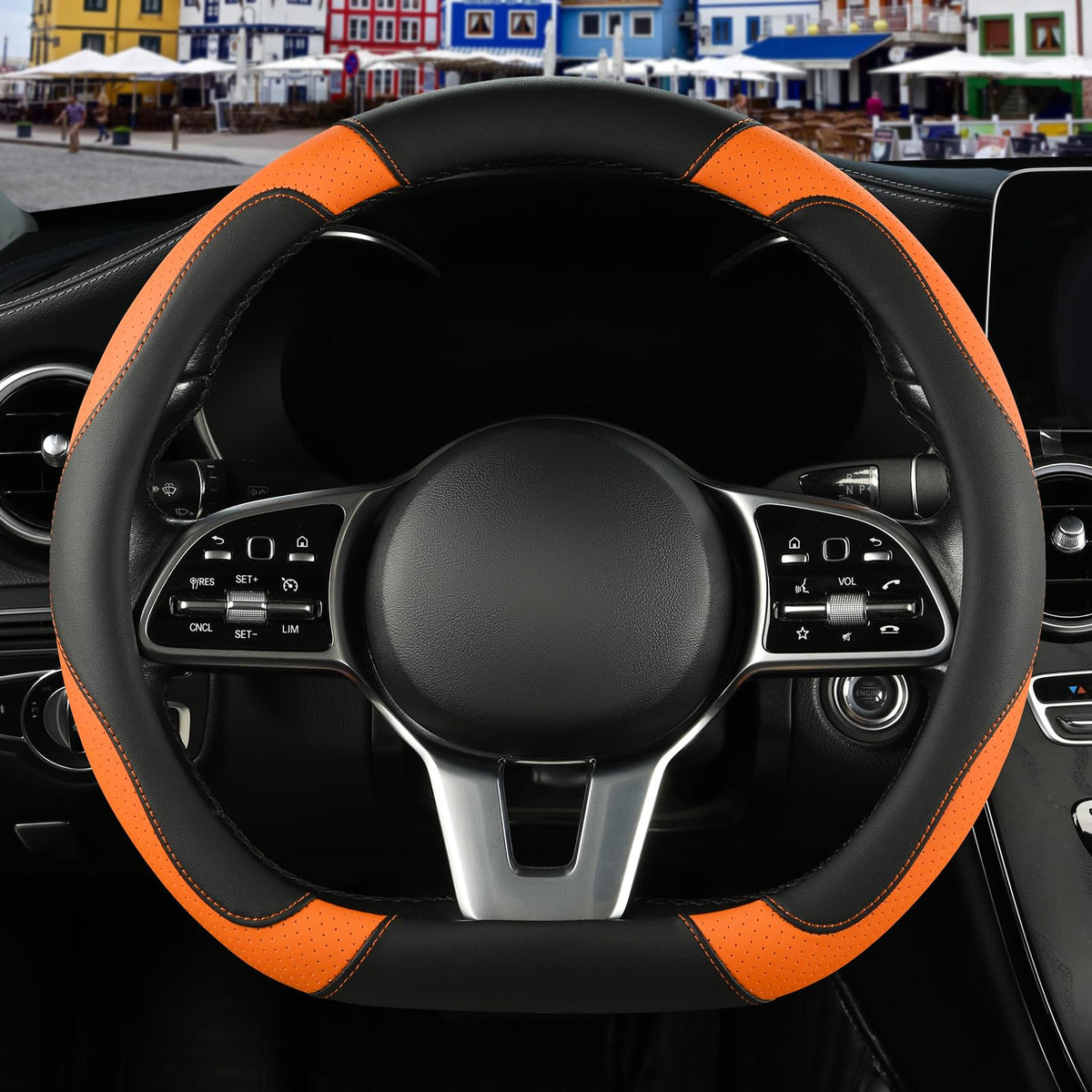 Black Orange Microfiber Leather Steering Wheel Cover 15 inch