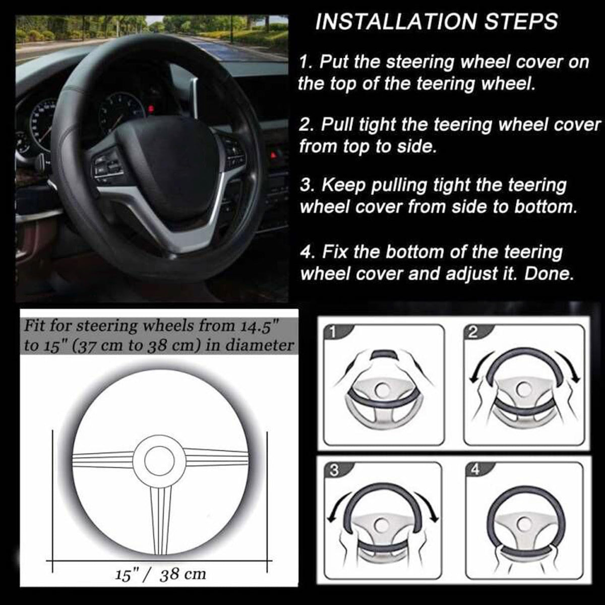 Valleycomfy Microfiber Leather Steering Wheel Covers Universal 15 inch (Gray)