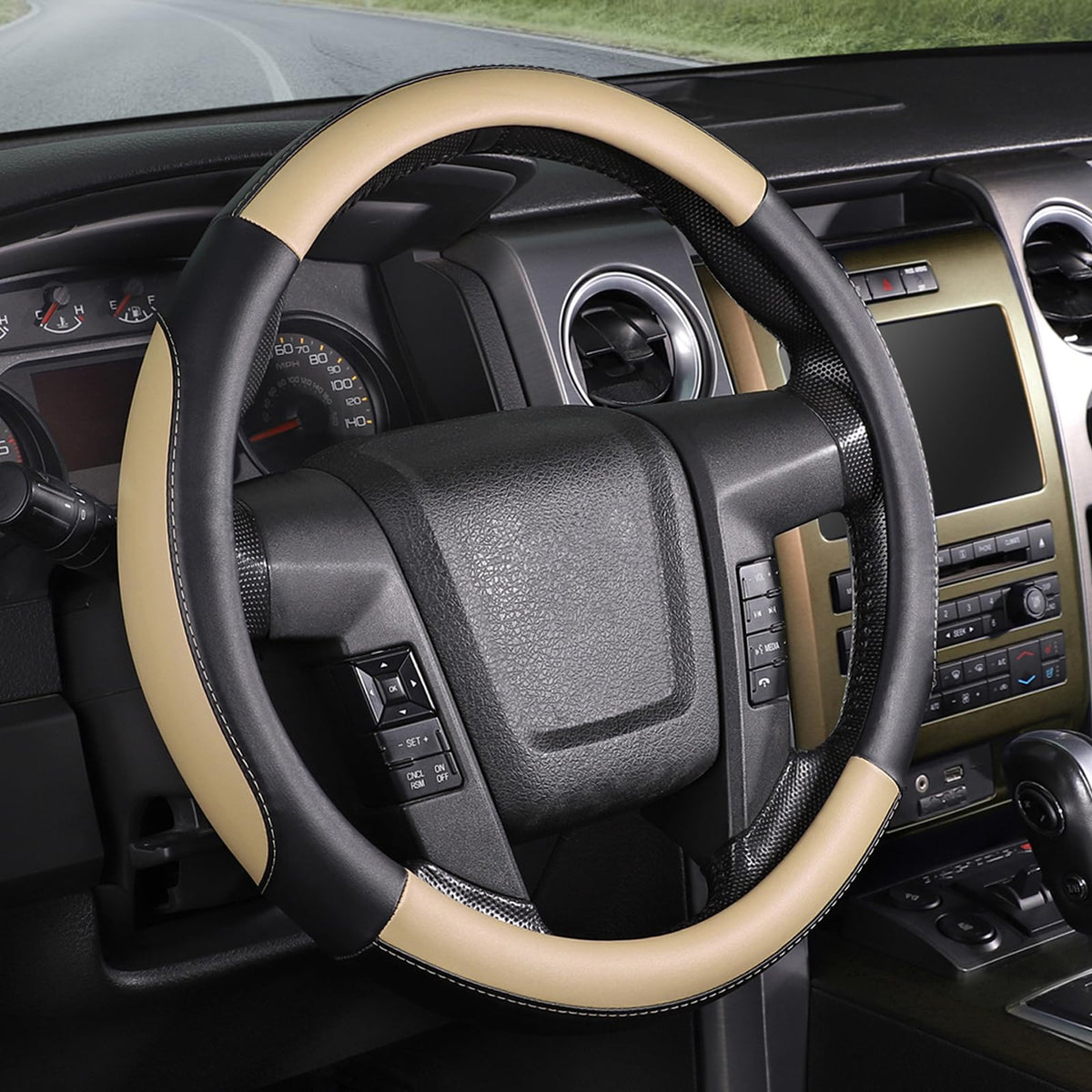 SEG Direct Steering Wheel Cover 14.5-15 inch Heavy-Duty, Black and Beige