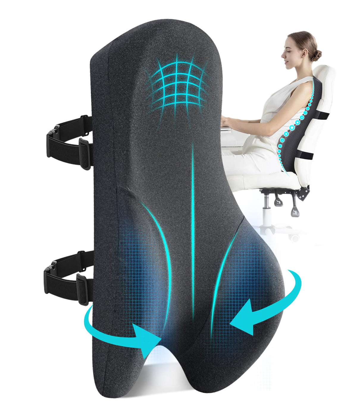 Teemour High Back Support Pillow for Office Chair, Fully Support Back Cushion - Memory Foam Lumbar Support Pillow for Office Chair, Desk, Gaming Chair, Promotes Posture Pain Relief Adjustable Straps
