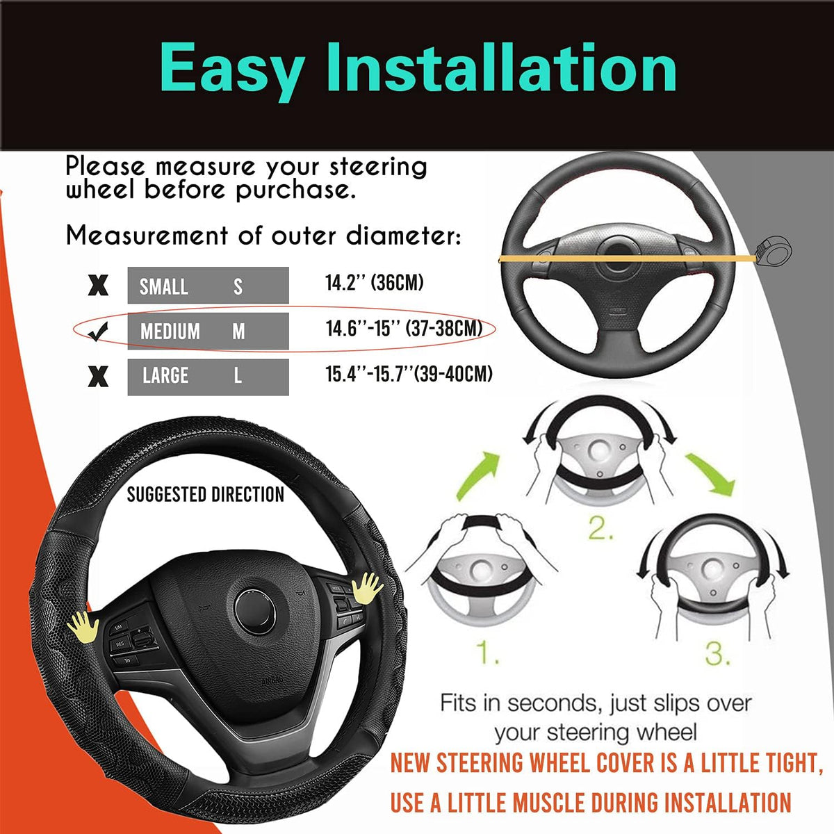 PINCTROT Steering Wheel Cover Great Grip Honeycomb Design 15 Inch All Black