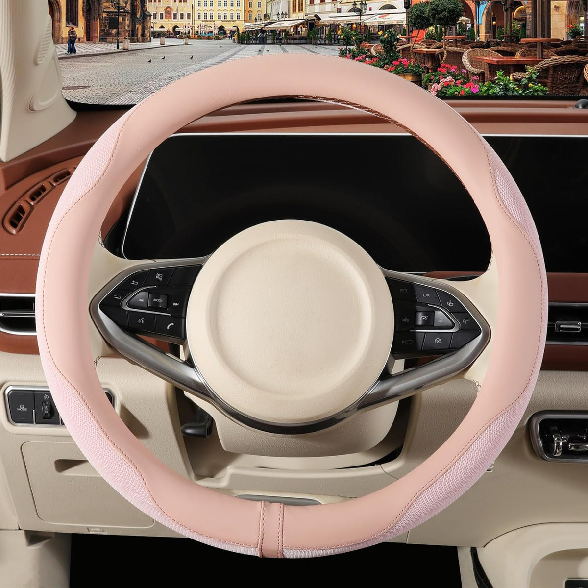 Nappa Leather Ice Silk Fabric Pink Steering Wheel Cover Women