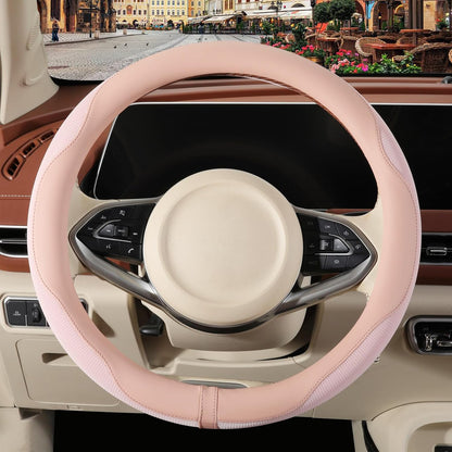 Nappa Leather Ice Silk Fabric Pink Steering Wheel Cover Women
