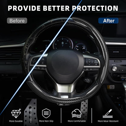 Amiss 3pcs Carbon Fiber Anti-Skid Steering Wheel Cover, Waterproof Design, Universal Fit for 14-16 Inch Car Wheel Cover, Interior Car Accessories for Jeeps, SUVs, Trucks (Glossy Black)