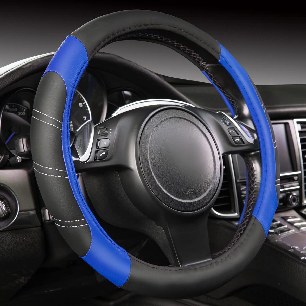 CAR PASS Line Rider Microfiber Leather Sporty 14.5-15 inch Steering Wheel Cover Universal Fits for 95% Truck,SUV,Cars, Anti-Slip Safety Comfortable Design (Black Purple)