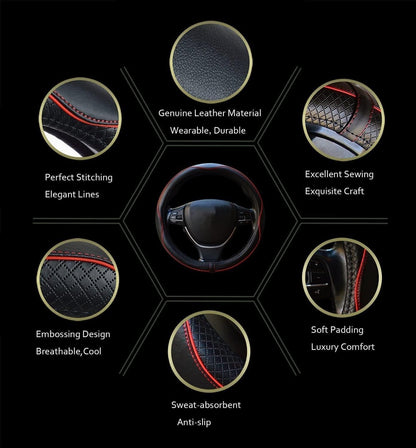 Car Steering Wheel Cover, Anti-Slip, Safety, Soft, Breathable, Heavy Duty, Thick, Full Surround, Sports Style (Black with Red line)