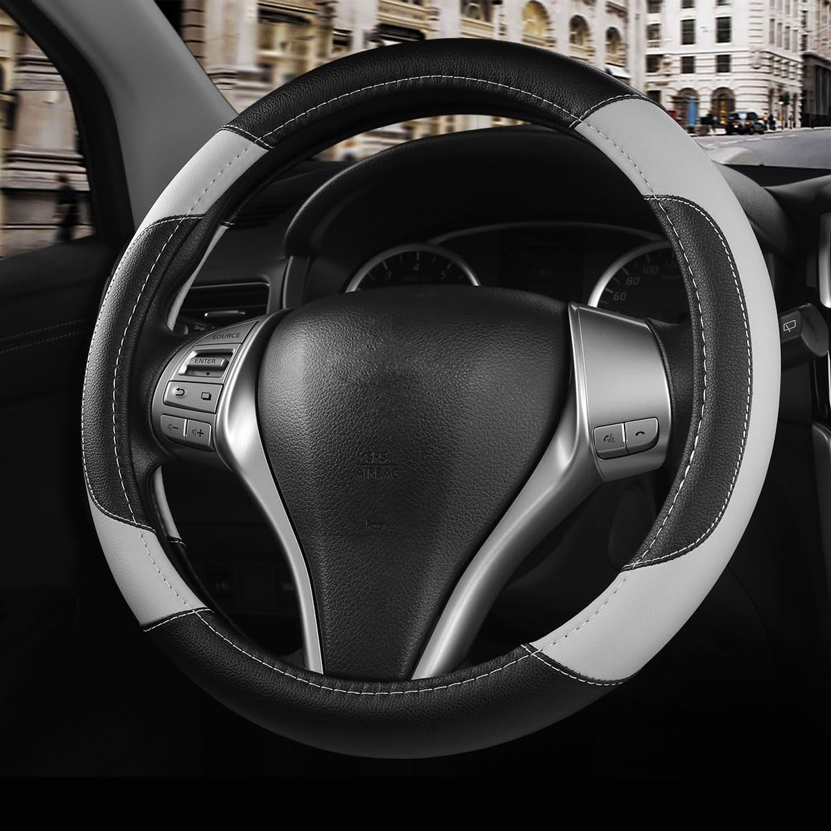 Leather Car Steering Wheel Cover, Universal Fit for Most Cars, Beige