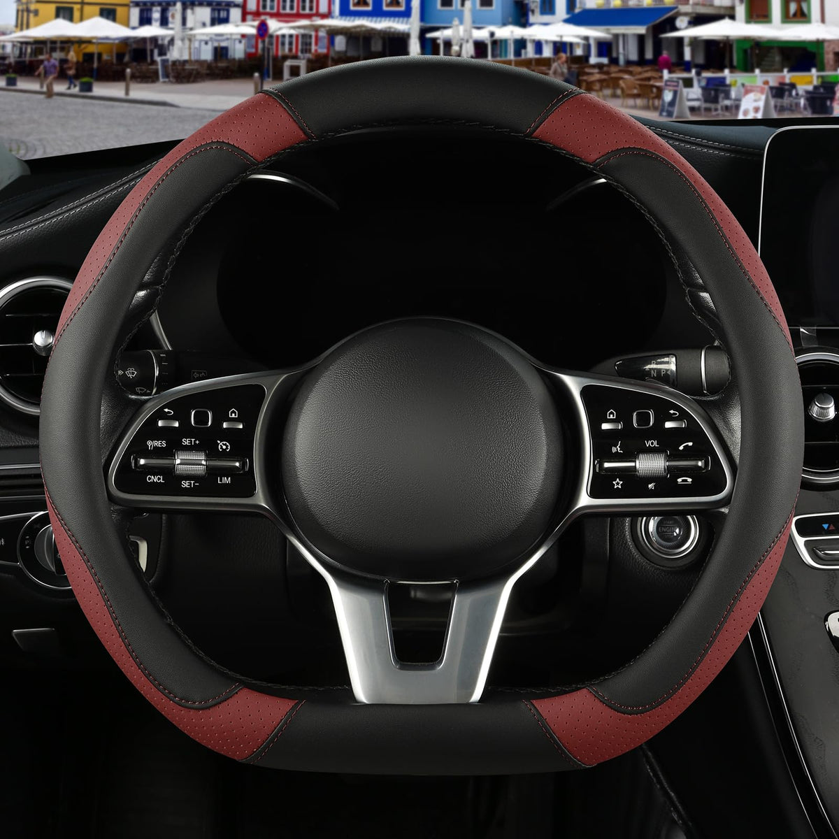 Black Orange Microfiber Leather Steering Wheel Cover 15 inch