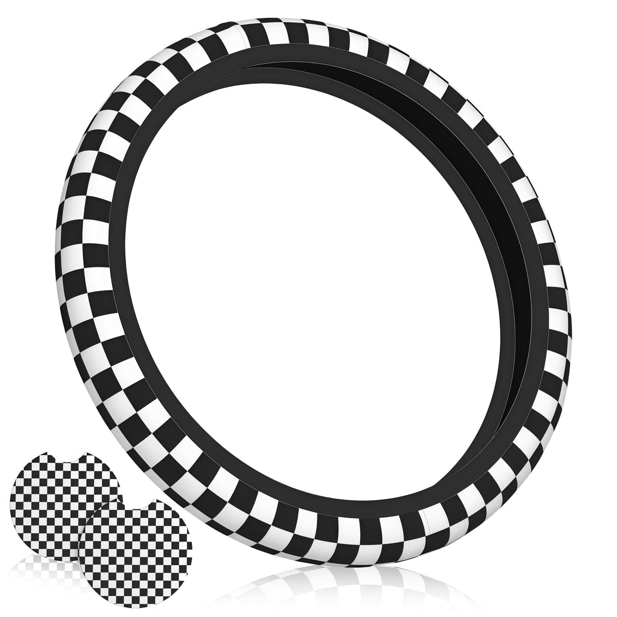 Checkered Black Brown Steering Wheel Cover 15 Inch Car + 2 pc Car Coasters