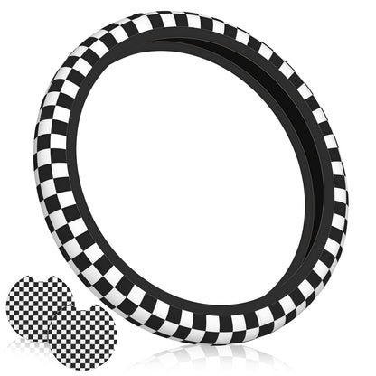 Checkered Black Brown Steering Wheel Cover 15 Inch Car + 2 pc Car Coasters