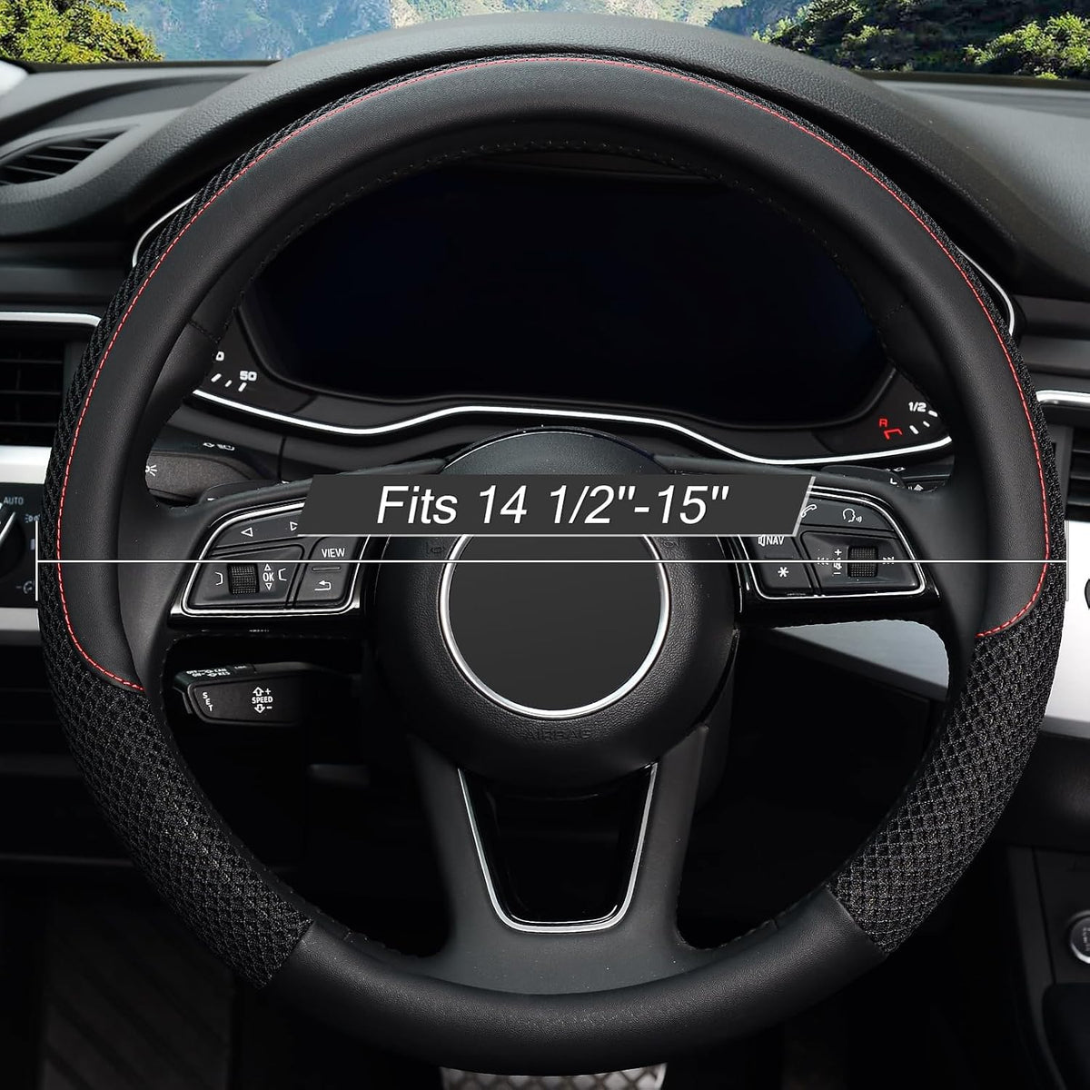 KAFEEK Steering Wheel Cover, Cooling Ice Silk Leather, 15 Inch, Black