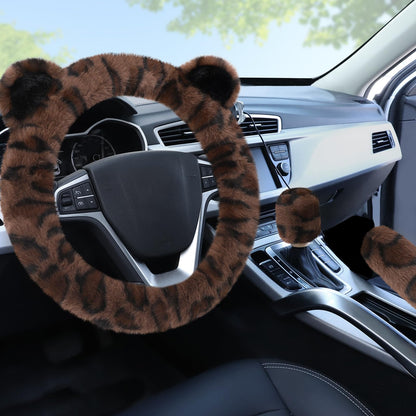 Accmor Fuzzy Car Steering Wheel Cover, Universal Fit Fur Auto Wheel Cover & Handbrake Cover & Gear Shift Cover Set, Leopard Warm Fluffy Vehicle Wheel Protector Car Accessories for Men Women (Brown)
