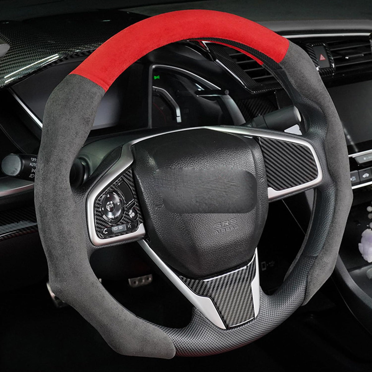 Quick Install Sporty Perforated Nappa Leather Steering Wheel Cover with Red Circular Stripe Trim Universal fit Any 14½ to 15 inches Car Pickup SUV 14.5 to 15 inches SW