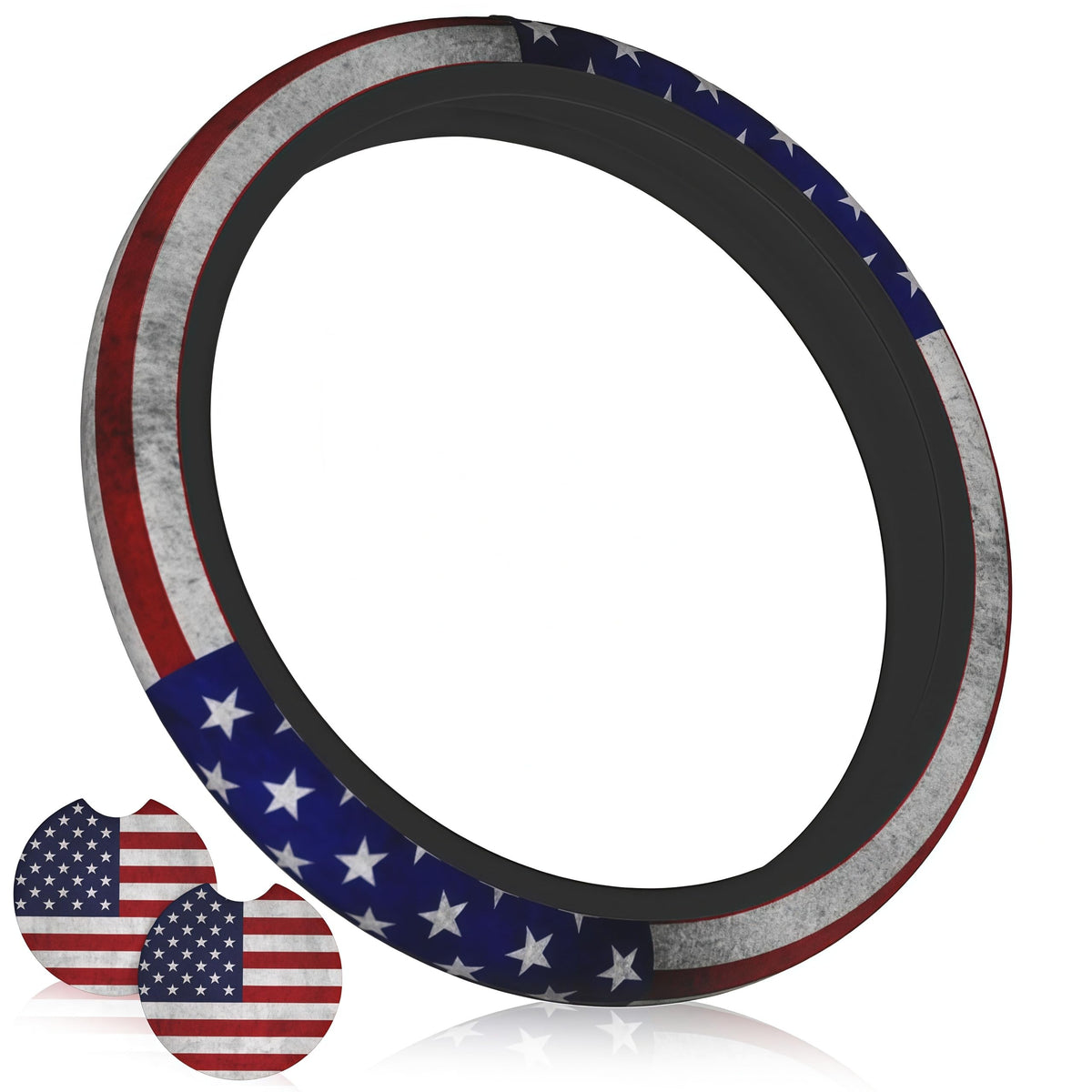 Checkered Black Brown Steering Wheel Cover 15 Inch Car + 2 pc Car Coasters