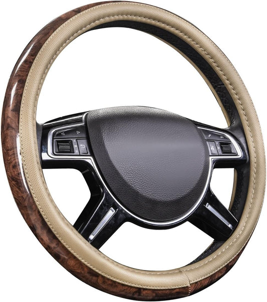 CAR PASS Wood Grain 14.5-15 inch Microfiber Leather Steering Wheel Cover, Anti-Slip Veins Design Steering Wheel Universal Fit for Most Cars, Sedans, SUV， Beige
