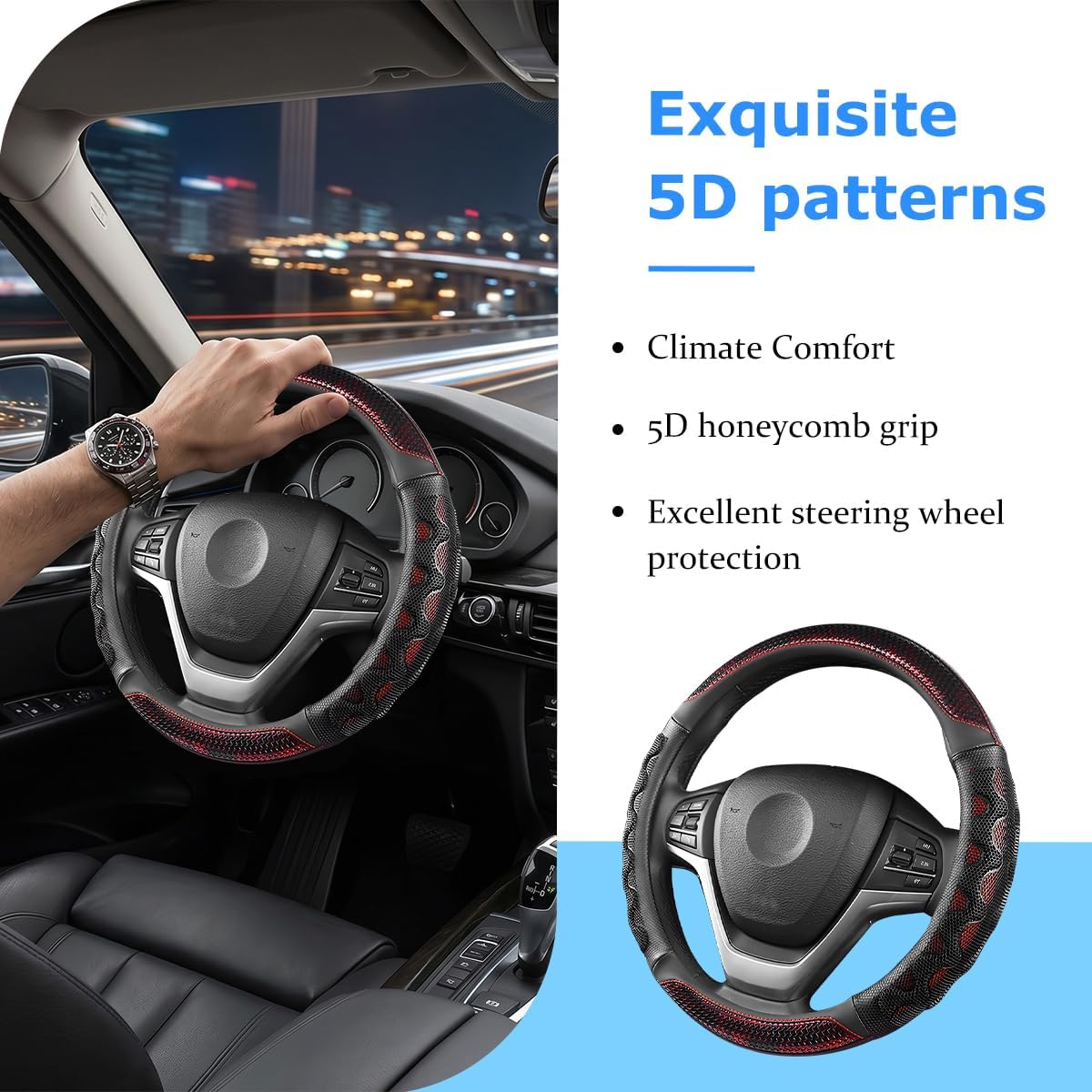 Car Steering Wheel Cover, 3D Honeycomb Anti-Slip Breathable, Red