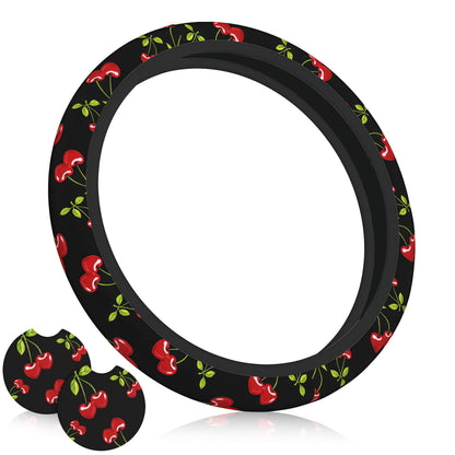 Checkered Black Brown Steering Wheel Cover 15 Inch Car + 2 pc Car Coasters