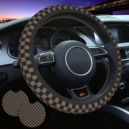 Checkered Black Brown Steering Wheel Cover 15 Inch Car + 2 pc Car Coasters