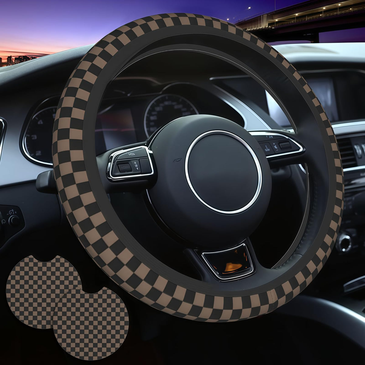 Checkered Black Brown Steering Wheel Cover 15 Inch Car + 2 pc Car Coasters