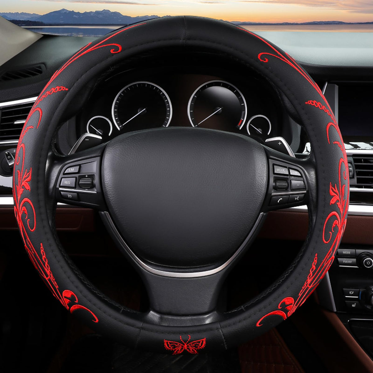 Blue Embroidery Butterfly Car Steering Wheel Cover,14.5-15 Inch Universal Leather Covers Breathable Anti-Slip Odorless Steering Wheels Accessories for Men Women