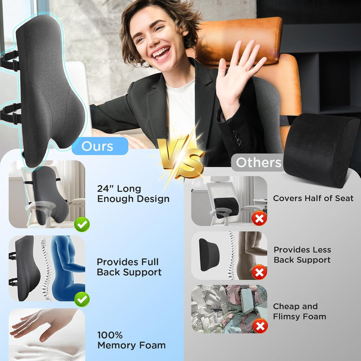 Teemour High Back Support Pillow for Office Chair, Fully Support Back Cushion - Memory Foam Lumbar Support Pillow for Office Chair, Desk, Gaming Chair, Promotes Posture Pain Relief Adjustable Straps