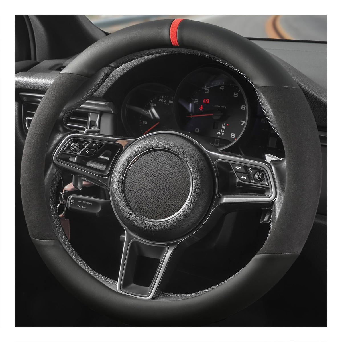 Suede Steering Wheel Cover with Upgraded Silicone Inner Ring, Breathable, Anti-Slip, Leather Universal 14.5 to 15 Inch Steering Wheel Cover (Black with Red Mark)