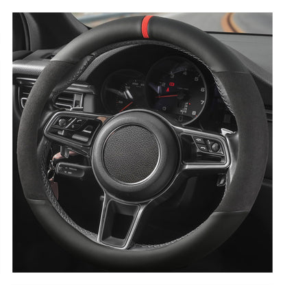 Suede Steering Wheel Cover with Upgraded Silicone Inner Ring, Breathable, Anti-Slip, Leather Universal 14.5 to 15 Inch Steering Wheel Cover (Black with Red Mark)