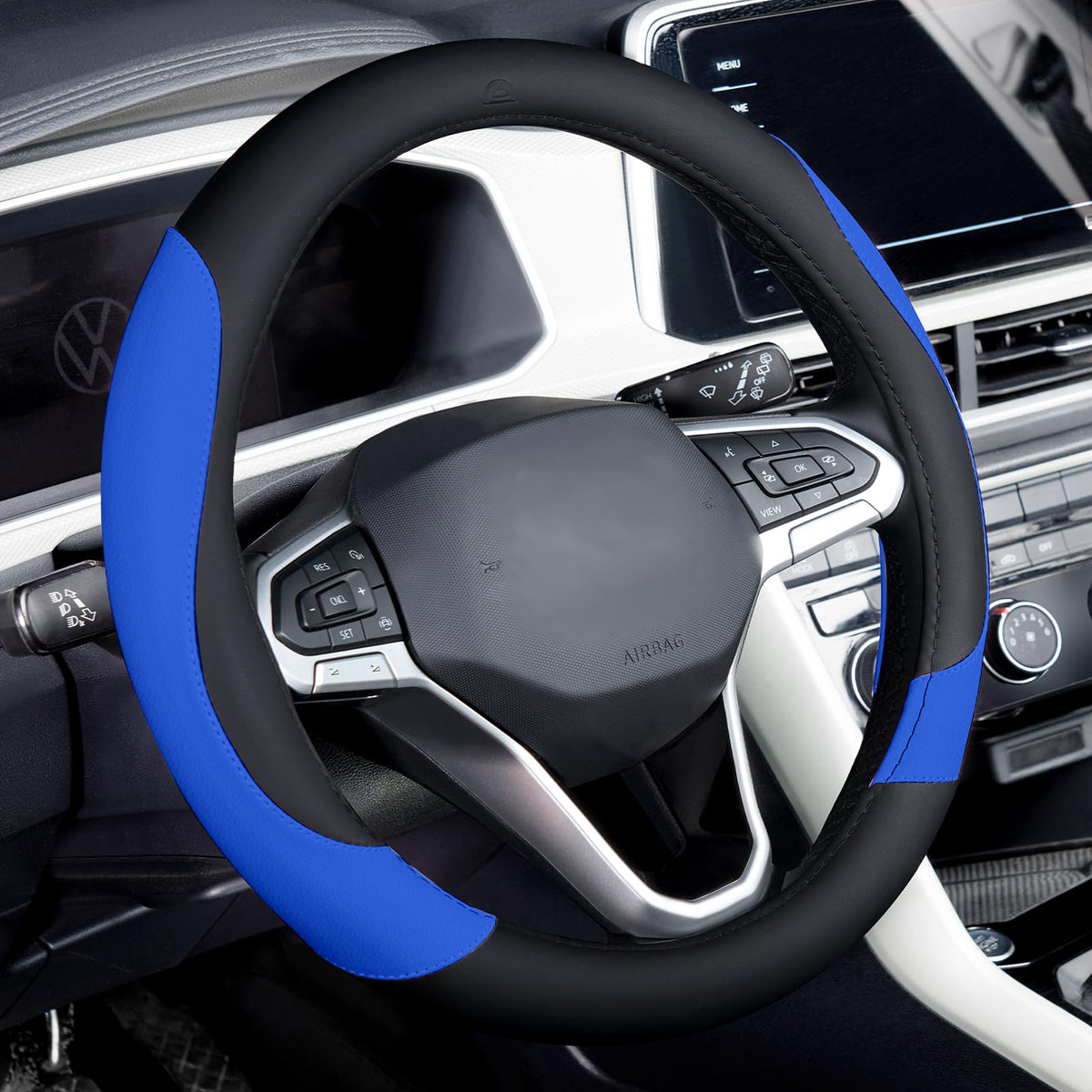 Coverado Car Steering Wheel Cover, Nappa Leather Black & Gray Steering Wheel Covers, Universal 14-15 inch, Anti-Slip, Breathable Steering Wheel Protector for Women Men