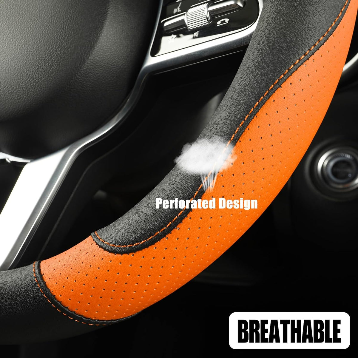 Black Orange Microfiber Leather Steering Wheel Cover 15 inch