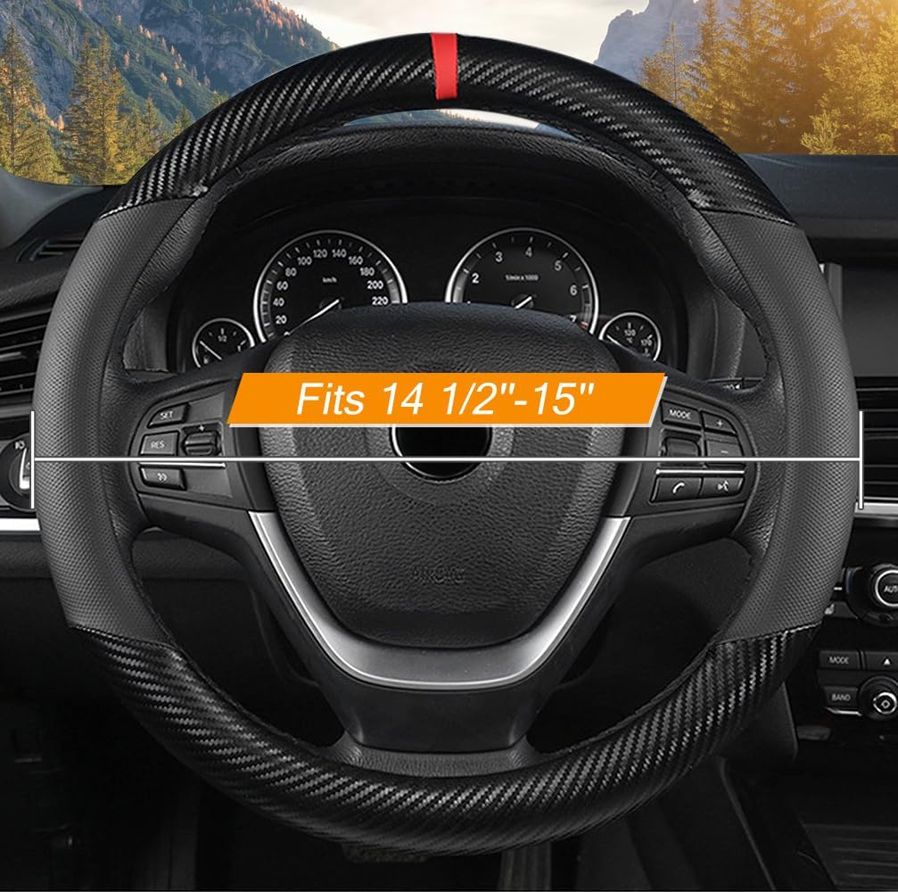 KAFEEK Carbon Fiber Steering Wheel Cover for Men, Car Accessories, Black