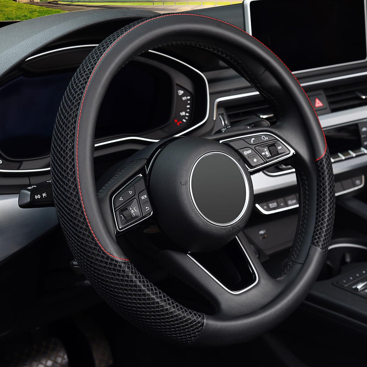 KAFEEK Steering Wheel Cover, Cooling Ice Silk Leather, 15 Inch, Black