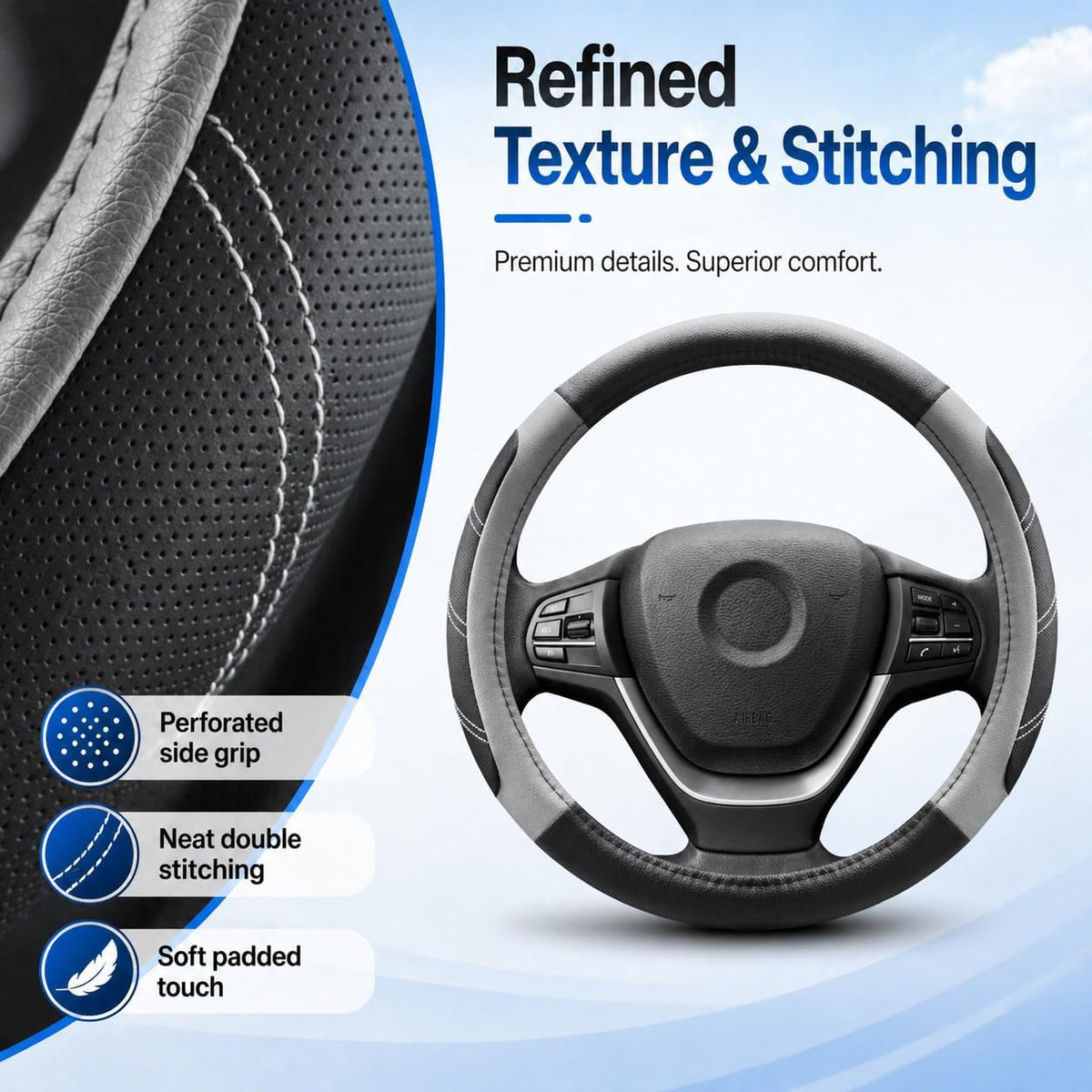 Elantrip Steering Wheel Cover for 14.5" to 15" Wheels, Soft Padded Grip with Anti-Slip Inner Lining, Breathable Comfort for Daily Driving, Easy Stretch Fit for Cars, SUVs and Trucks, Black/Gray