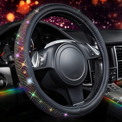 CAR PASS Bling Diamond Steering Wheel Cover Leopard Pattern, Sparkly Crystal Glitter Rhinestones Black Leather Wheel Protect for Women Girl Fit Suvs,Vans,Sedans,Cars,Trucks, 14" 1/2-15" Gold Leopard