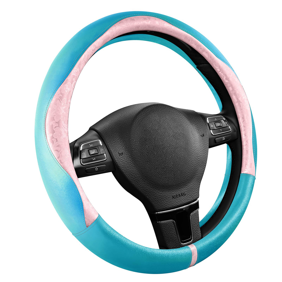 PIC AUTO Steering Wheel Cover, Green Patterned Leather Patchwork Design, Universal Fit 14.5"–15.5", Anti-Slip, Odor-Free, Soft PU Grain Leather, Durable Grip Car Accessory for Girls & Women