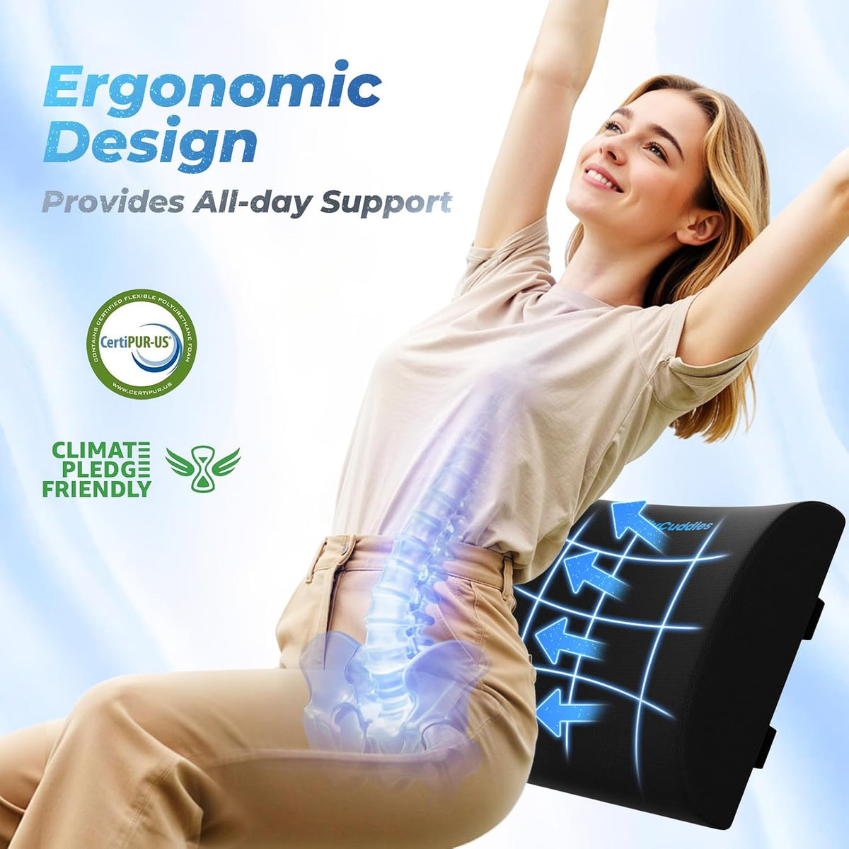 Lumbar Support Pillow, Ergonomic Back Cushion for Office , Black/X-Large
