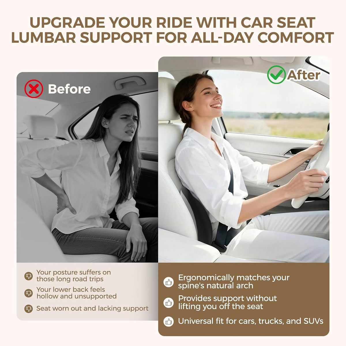 BEBAS Ergonomic Memory Foam Lumbar Support Pillow for Car, BlackGray