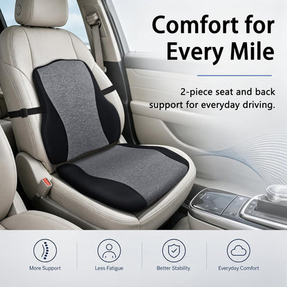 Car Seat Cushion with Lumbar Support, Firm 2-Piece Set for Long Drive, Grey